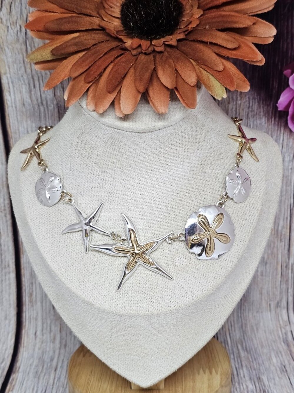 Coastal Statement Necklace Starfish Sand Dollar Choker Silver Gold Tone Nautical
